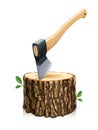 Axe with stump. Manual tool for chop wood