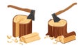 Axe tool in tree stump. Camping ax cuts wood or firewood. Logs and timber materials, natural lumber concept vector