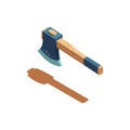 Axe tool with wooden handle and metal blade casting shadow in isometric style vector illustration Royalty Free Stock Photo
