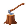 Axe with Wooden Handle Stuck in Tree Stump Vector Illustration