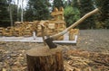 Axe and woodpile, Copper Harbor, MI Royalty Free Stock Photo