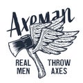 Axeman ax. Flying axe with wings. Lumberjack print