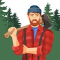 Axeman with axe in forest. Lumberman with element for woodworking Royalty Free Stock Photo