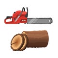 Axeman saw and stump on white background. Gas chainsaw