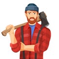 Axeman with wooden axe on white background. Lumberman