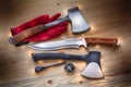 Survival, explore and adventure with compass, axes, knife, fire starter for outdoor life, camping, buschcraft.