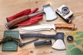 Travel, explore and adventure with camera, axes, knife, compass, fire starter for travel, survival and outdoor life Royalty Free Stock Photo