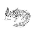 Axolotl Amphibian. Ornament Embroidery. Hand Drawn Pattern. Outline Black & White