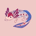 Axolotl Amphibian. Ornament Embroidery. Hand Drawn Pattern. Outline Coloured