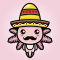 Axolotl animal cartoon character with a mustache wearing a Mexican hat