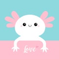 Axolotl. Mexican salamander. White axolotyl. Ambysoma mexicanum. Love card. Cute cartoon kawaii funny smiling baby character. Royalty Free Stock Photo