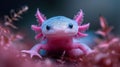 An axolotl, resting on pebbles in aquarium. The axolotl has pink gills, a white body, and blue eyes