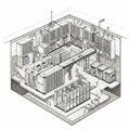Axonometric drawing of a futuristic data center with multiple server racks and Royalty Free Stock Photo