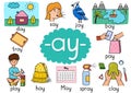 Ay digraph spelling rule educational poster set for kids Royalty Free Stock Photo