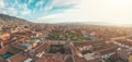 Huamanga, AYACUCHO, PERU. Aerial view of the main square and its great catedral. Plaza de Armas Ayacucho