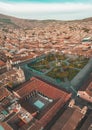 AYACUCHO, PERU. Aerial view of the main square and its great catedral. Plaza de Armas Ayacucho