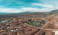 AYACUCHO, PERU. Aerial view of the main square and its great catedral. Plaza de Armas Ayacucho