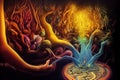 Ayahuasca experience, holistic healing, spiritual insight psychedelic vision surreal illustration