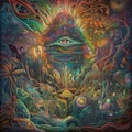 Ayahuasca experience, spiritual psychedelic hallucinations surreal illustration. Generative AI