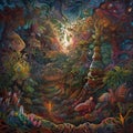 Ayahuasca experience, spiritual psychedelic hallucinations surreal illustration. Generative AI