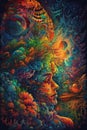 Ayahuasca experience, spiritual psychedelic hallucinations surreal illustration. Generative AI