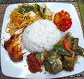 Ayam Bakar, Terong Balado, Telur Balado, Mie Goreng and Sambal, Indonesian Warung Food