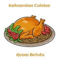 Ayam Betutu Indonesian food. Whole chicken filled with Balinese seasoning cassava leaves. Served with Sambal Matah and Roasted