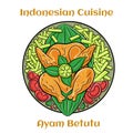 Ayam Betutu Indonesian food. Whole chicken filled with Balinese seasoning cassava leaves. Served with Sambal Matah and Roasted