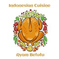 Ayam Betutu Indonesian food. Whole chicken filled with Balinese seasoning cassava leaves. Served with Sambal Matah and Roasted