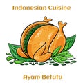 Ayam Betutu Indonesian food. Whole chicken filled with Balinese seasoning cassava leaves. Served with Sambal Matah and Roasted