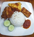 Ayam Goreng or Indonesian Fried Chicken with Kremes, Tahu Goreng and Tempe Goreng Royalty Free Stock Photo