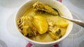Ayam Masak Lemak Cili Api/ Chicken stew in coconut milk- traditional Malay cuisine in white bowl on table