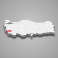Aydin region location within Turkey 3d map