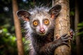 Aye-aye clinging to tree trunk, forest background Royalty Free Stock Photo