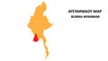 Ayeyarwady State and regions map highlighted on Burma myanmar map