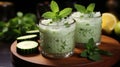 Ayran Drink with Mint and Cucumber in Glass on Wooden Table Shimmering Lights in Background