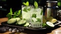 Ayran Drink with Mint and Cucumber in Glass on Wooden Table Shimmering Lights in Background