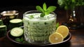 Ayran Drink with Mint and Cucumber in Glass on Wooden Table Shimmering Lights in Background