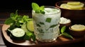 Ayran Drink with Mint and Cucumber in Glass on Wooden Table Shimmering Lights in Background