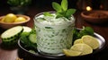 Ayran Drink with Mint and Cucumber in Glass on Wooden Table Shimmering Lights in Background