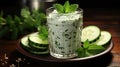 Ayran Drink with Mint and Cucumber in Glass on Wooden Table Shimmering Lights in Background