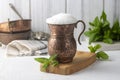 Ayran - Traditional Turkish yoghurt drink in a copper cup Royalty Free Stock Photo