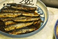 Ayu sweet fish in a market stall in Nishiki fish market in Kyoto, Japan. Royalty Free Stock Photo
