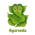 Ayurveda logo in the form of a green elephant from leaves in the Indian style. Alternative medicine logo. Vector flat illustration