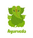 Ayurveda logo green elephant made from leaves. Alternative medicine logo. Vector flat illustration