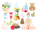 Ayurveda medicine cartoon set, ayurvedic collection with body care items, natural herbs, flowers.