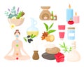Ayurveda medicine cartoon set, ayurvedic collection with body care items, natural herbs, flowers