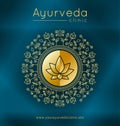 Ayurveda poster with ethnic patterns and sample text in gold tones on a blue gradient backdrop