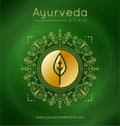 Ayurveda poster with ethnic patterns and sample text in gold tones on a green gradient backdrop