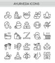 Ayurveda thin line icons set. Outline pictogram vector illustration, aroma therapy, ayurvedic collection with symbols of